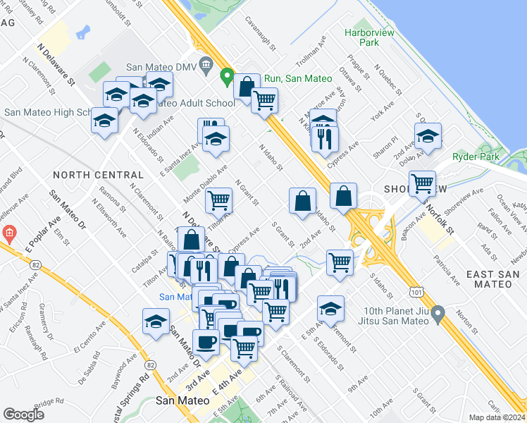 map of restaurants, bars, coffee shops, grocery stores, and more near 16 North Grant Street in San Mateo