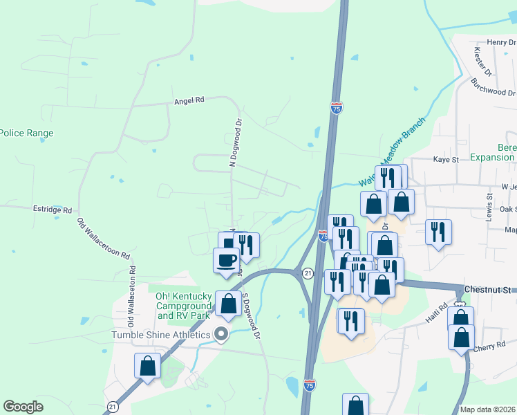 map of restaurants, bars, coffee shops, grocery stores, and more near 154 Spring Circle Drive in Berea