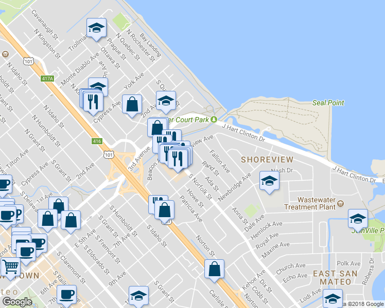 map of restaurants, bars, coffee shops, grocery stores, and more near 516 Rand Street in San Mateo
