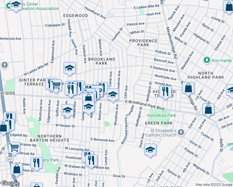 map of restaurants, bars, coffee shops, grocery stores, and more near 3008 Woodrow Avenue in Richmond