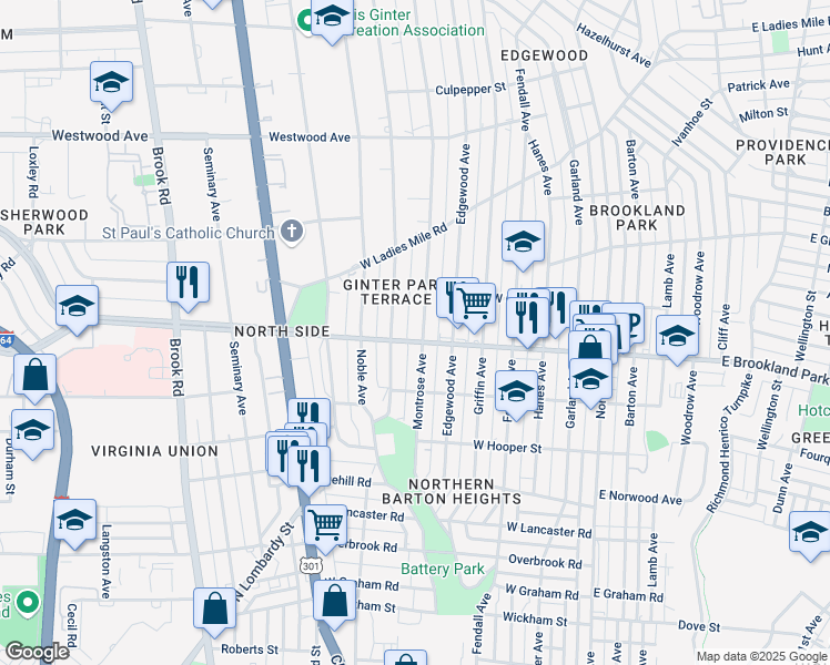map of restaurants, bars, coffee shops, grocery stores, and more near 3001 Moss Side Avenue in Richmond
