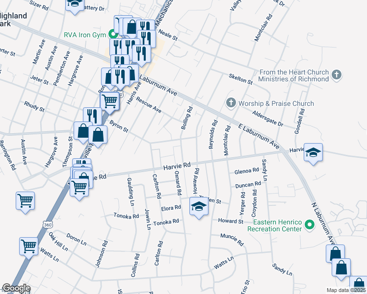 map of restaurants, bars, coffee shops, grocery stores, and more near 3531 Bolling Road in Richmond