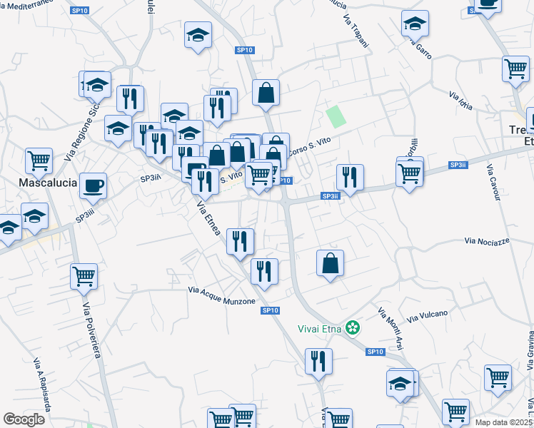 map of restaurants, bars, coffee shops, grocery stores, and more near 13 Via Giarre in Mascalucia