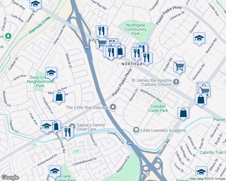 map of restaurants, bars, coffee shops, grocery stores, and more near 4328 Gordon Place in Fremont