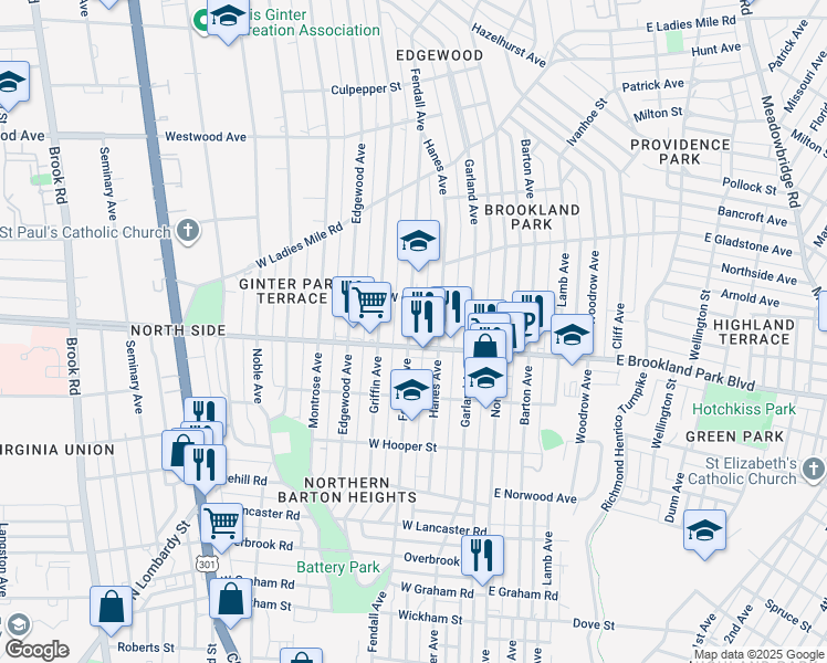 map of restaurants, bars, coffee shops, grocery stores, and more near 3007 Fendall Avenue in Richmond