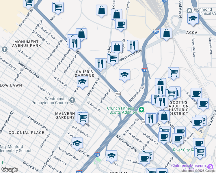 map of restaurants, bars, coffee shops, grocery stores, and more near 4001 West Broad Street in Richmond