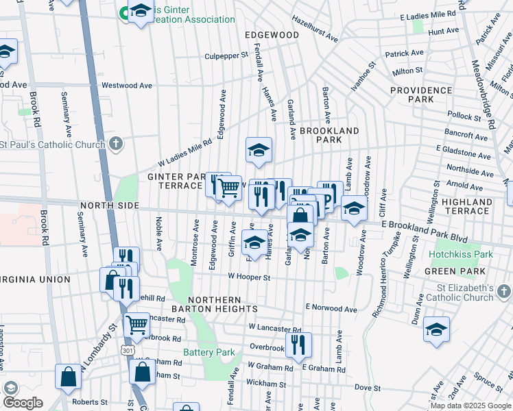 map of restaurants, bars, coffee shops, grocery stores, and more near 3007 Fendall Avenue in Richmond