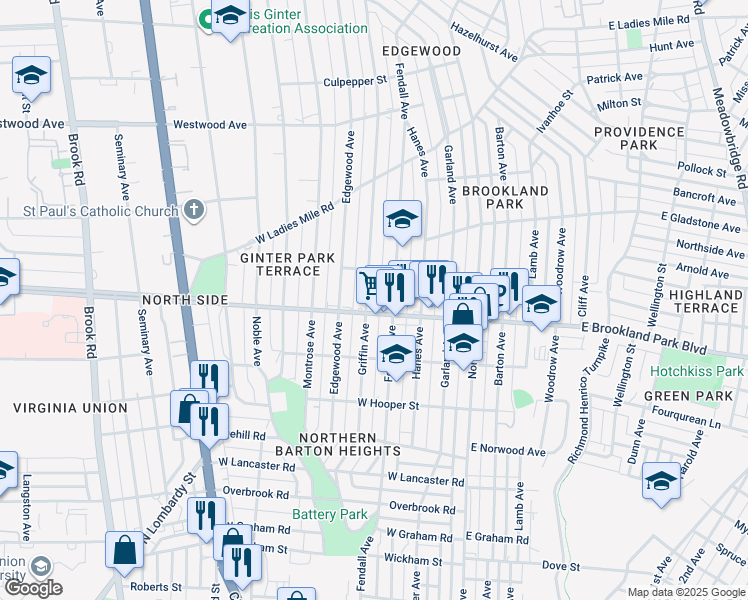 map of restaurants, bars, coffee shops, grocery stores, and more near 3007 Griffin Avenue in Richmond