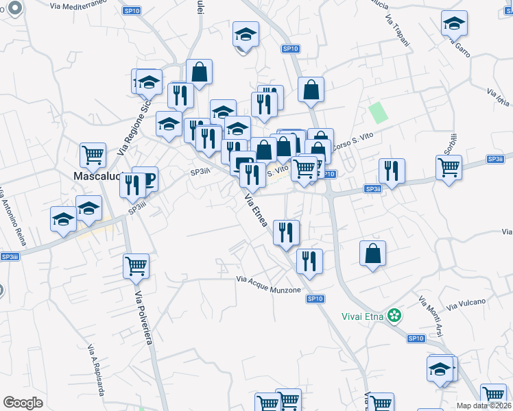 map of restaurants, bars, coffee shops, grocery stores, and more near 72 Via Etnea in Mascalucia