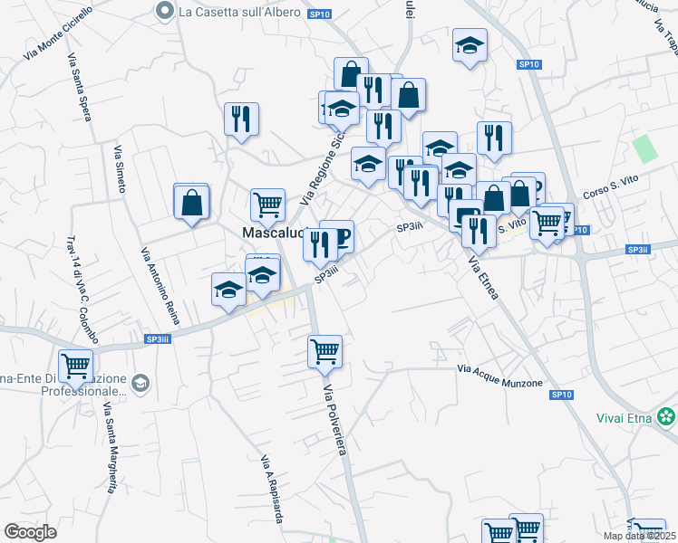 map of restaurants, bars, coffee shops, grocery stores, and more near 155 Via Roma in Mascalucia