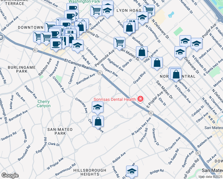 map of restaurants, bars, coffee shops, grocery stores, and more near 2 Clark Drive in San Mateo