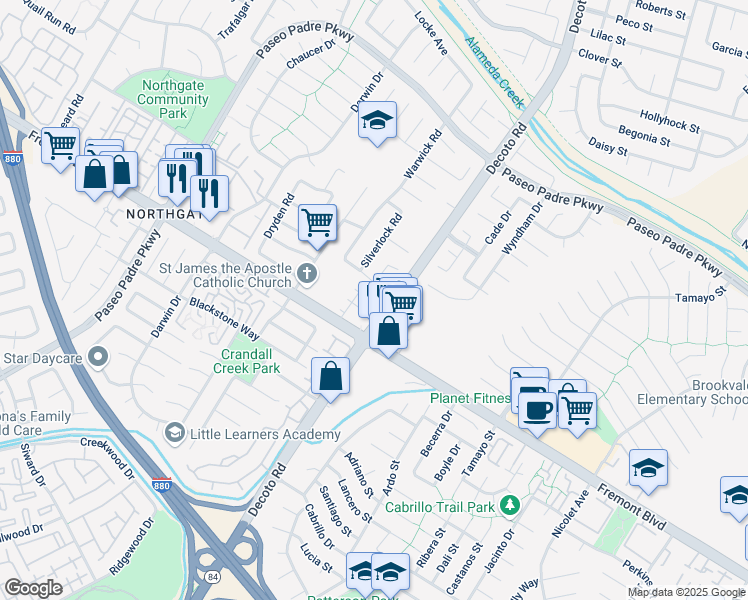 map of restaurants, bars, coffee shops, grocery stores, and more near 3885 Decoto Road in Fremont