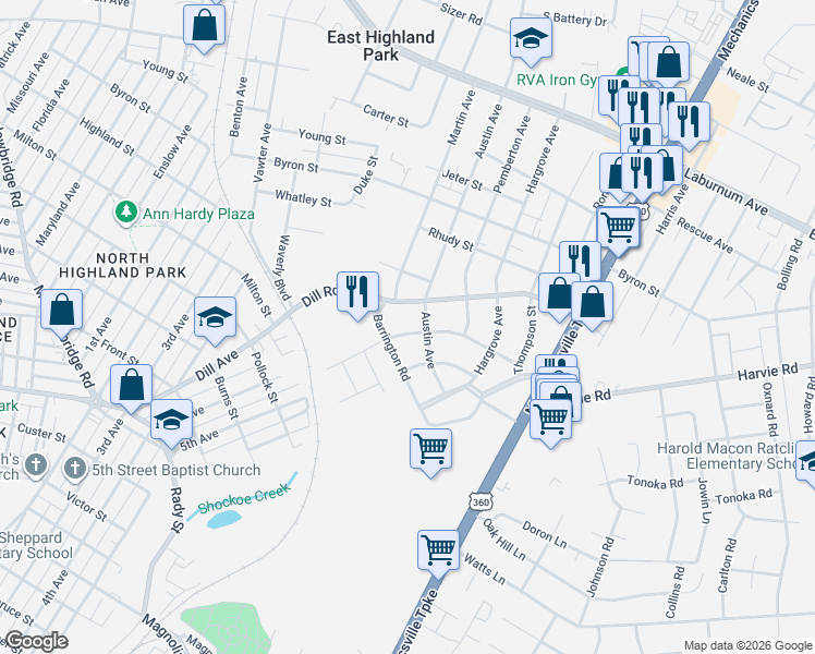map of restaurants, bars, coffee shops, grocery stores, and more near 1802 Glenthorne Road in Richmond