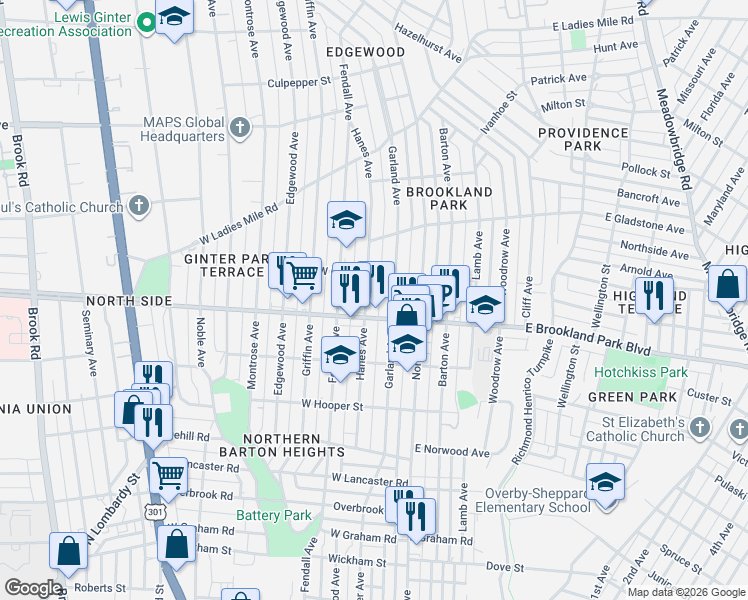 map of restaurants, bars, coffee shops, grocery stores, and more near 3003 Hanes Avenue in Richmond