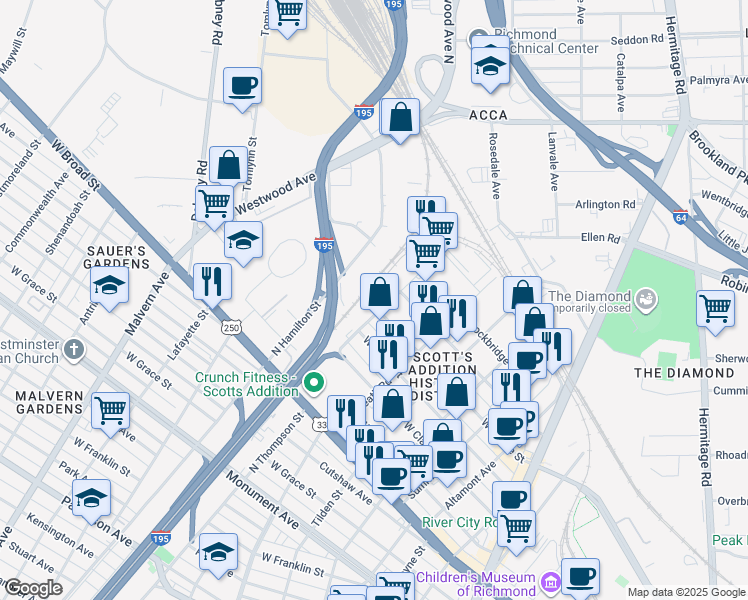 map of restaurants, bars, coffee shops, grocery stores, and more near 1512 Belleville Street in Richmond