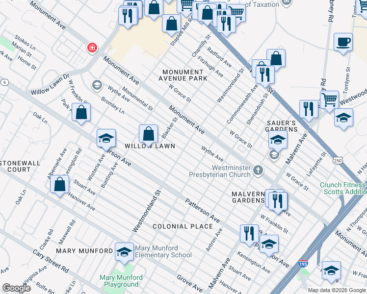 map of restaurants, bars, coffee shops, grocery stores, and more near 4600 Bromley Lane in Richmond