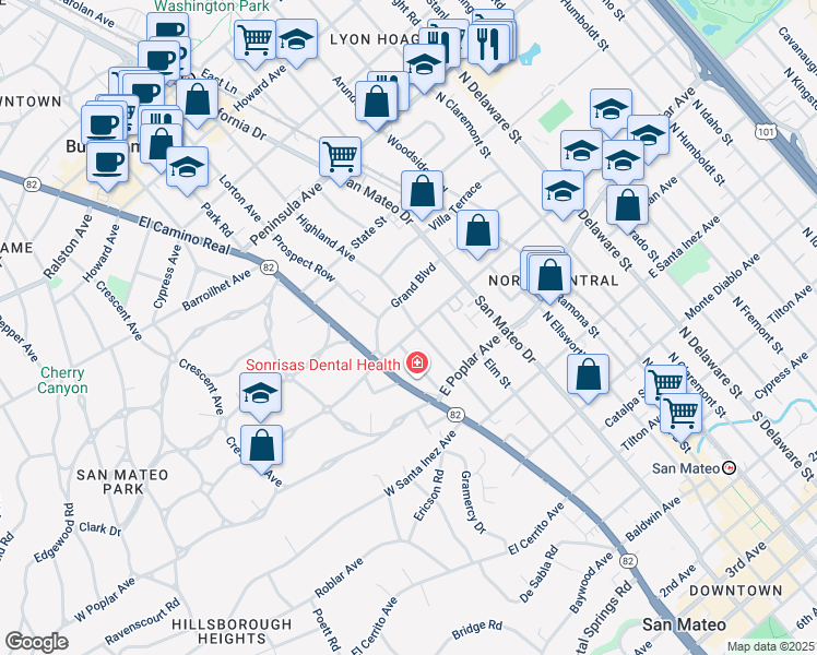 map of restaurants, bars, coffee shops, grocery stores, and more near 195 East Bellevue Avenue in San Mateo