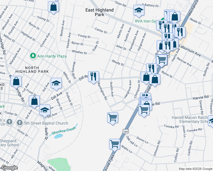map of restaurants, bars, coffee shops, grocery stores, and more near 1802 Glenthorne Road in Richmond