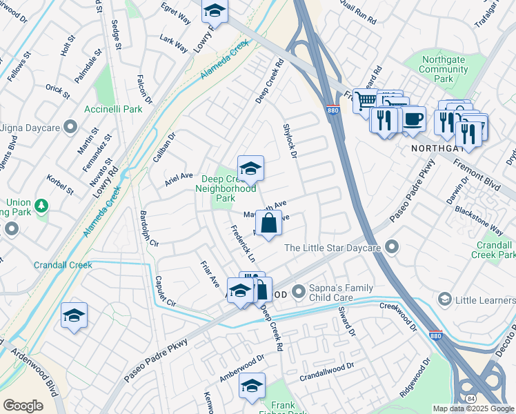 map of restaurants, bars, coffee shops, grocery stores, and more near 33955 Emilia Lane in Fremont