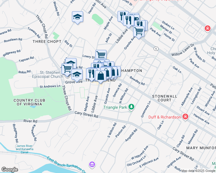 map of restaurants, bars, coffee shops, grocery stores, and more near 120 Granite Avenue in Richmond