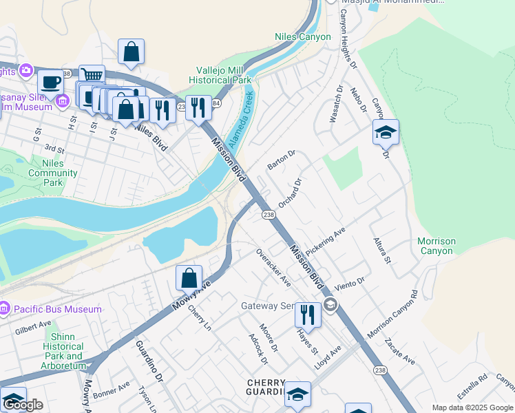 map of restaurants, bars, coffee shops, grocery stores, and more near 38437 Mission Boulevard in Fremont