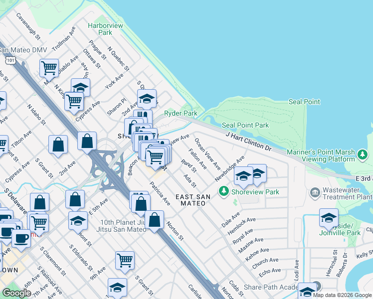 map of restaurants, bars, coffee shops, grocery stores, and more near 608 Fallon Avenue in San Mateo
