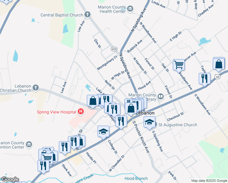 map of restaurants, bars, coffee shops, grocery stores, and more near 209 W Walnut St in Lebanon