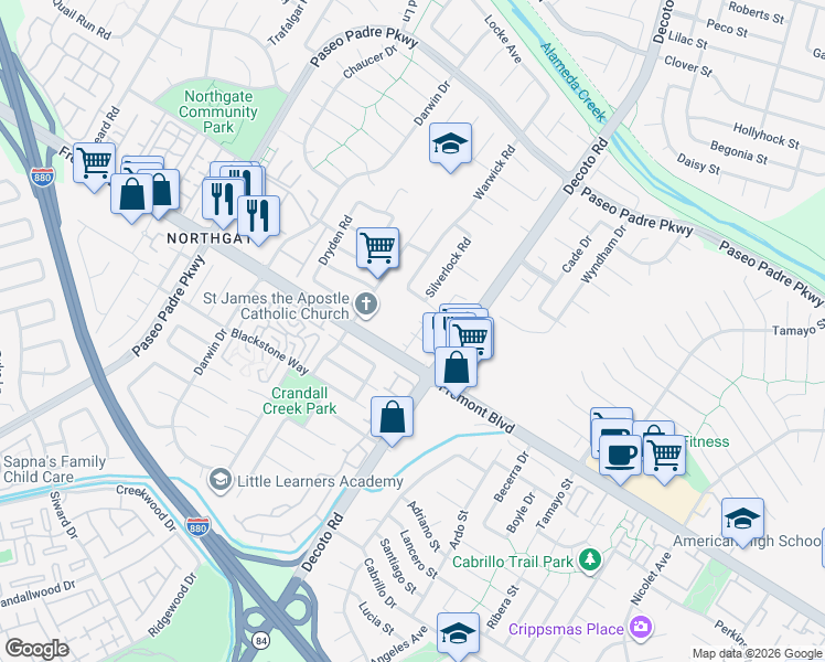 map of restaurants, bars, coffee shops, grocery stores, and more near 3845 Parasol Common in Fremont