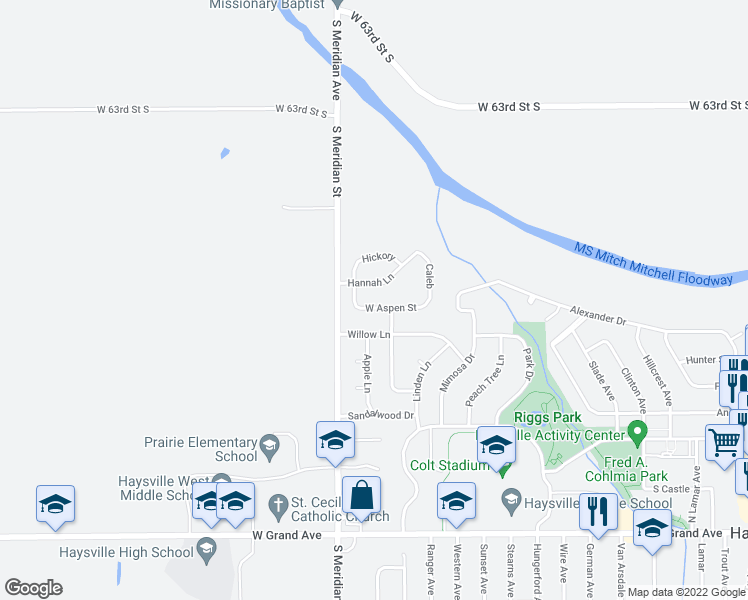 map of restaurants, bars, coffee shops, grocery stores, and more near 1430 Aspen in Haysville