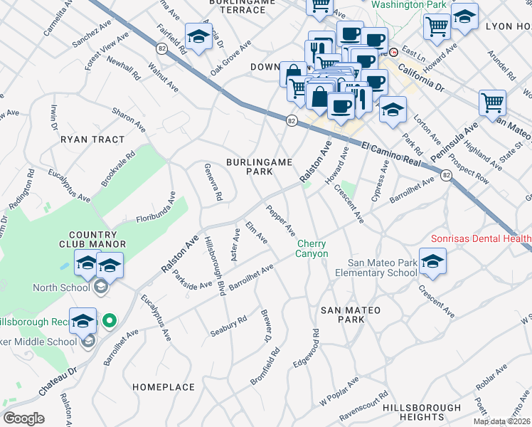 map of restaurants, bars, coffee shops, grocery stores, and more near 165 Pepper Avenue in Burlingame