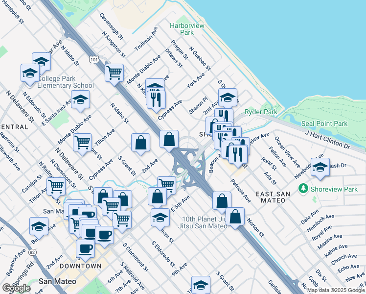 map of restaurants, bars, coffee shops, grocery stores, and more near 1221 Terminal Place in San Mateo