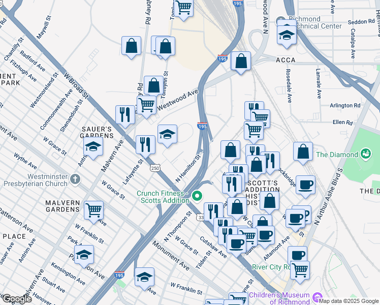 map of restaurants, bars, coffee shops, grocery stores, and more near 3840 Mastin Lane in Richmond