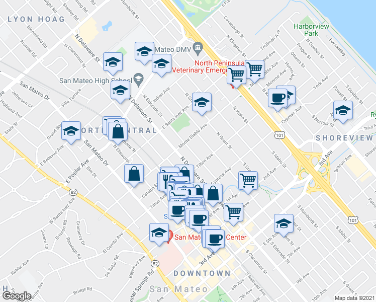 map of restaurants, bars, coffee shops, grocery stores, and more near in San Mateo