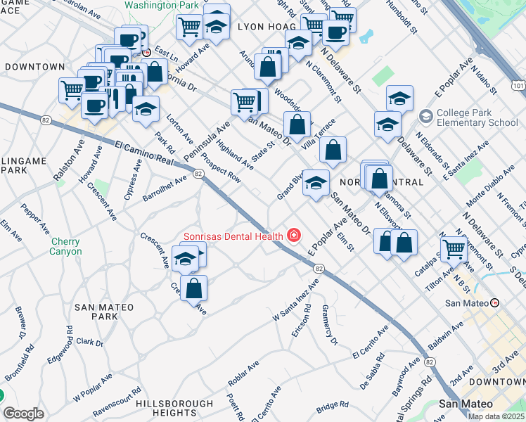 map of restaurants, bars, coffee shops, grocery stores, and more near 628 El Camino Real in San Mateo