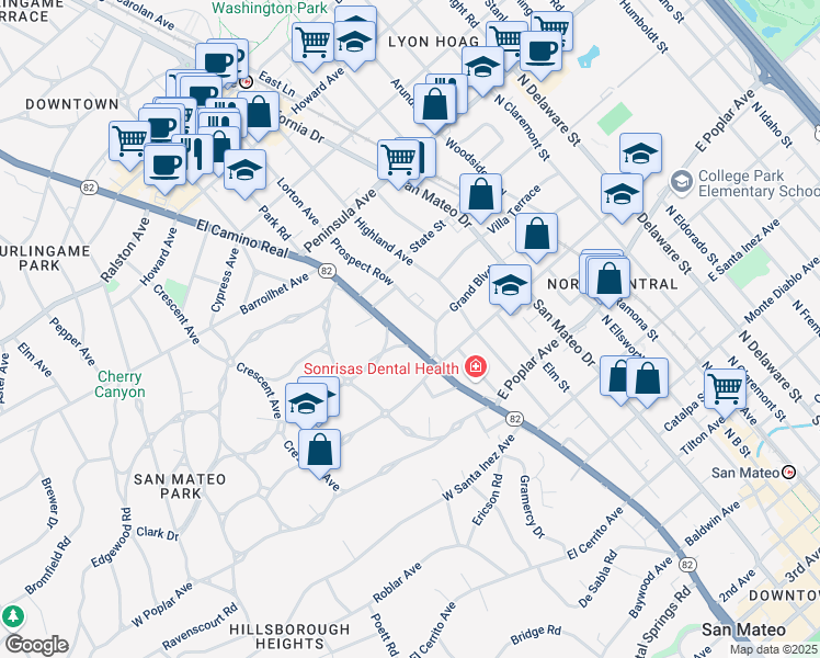 map of restaurants, bars, coffee shops, grocery stores, and more near 628 El Camino Real in San Mateo