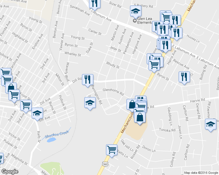 map of restaurants, bars, coffee shops, grocery stores, and more near 1902 Glenthorne Road in Richmond
