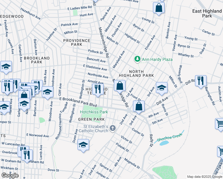 map of restaurants, bars, coffee shops, grocery stores, and more near 3118 Woodcliff Avenue in Richmond