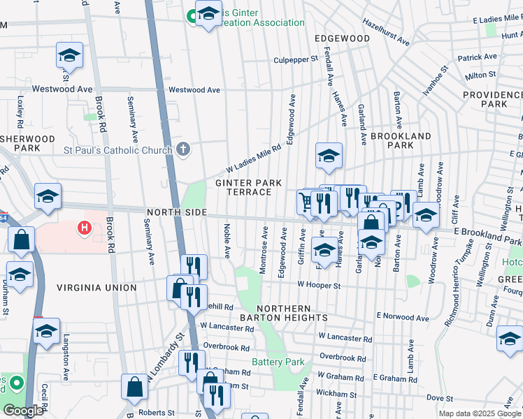 map of restaurants, bars, coffee shops, grocery stores, and more near 3001 Moss Side Avenue in Richmond
