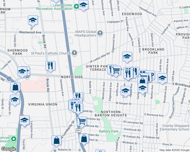 map of restaurants, bars, coffee shops, grocery stores, and more near 3001 Noble Avenue in Richmond