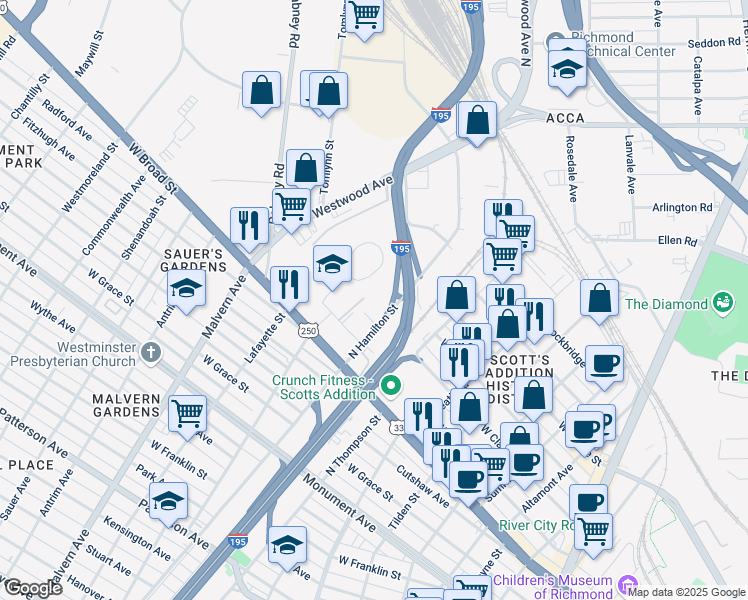 map of restaurants, bars, coffee shops, grocery stores, and more near 3840 Mastin Lane in Richmond
