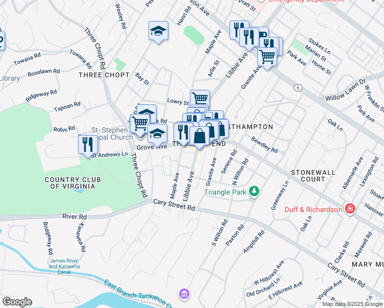 map of restaurants, bars, coffee shops, grocery stores, and more near 117 Libbie Avenue in Richmond