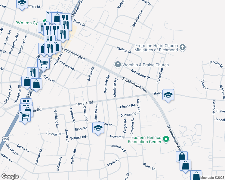 map of restaurants, bars, coffee shops, grocery stores, and more near 3608 Montclair Road in Richmond
