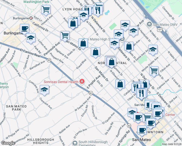 map of restaurants, bars, coffee shops, grocery stores, and more near 424 Turner Terrace in San Mateo