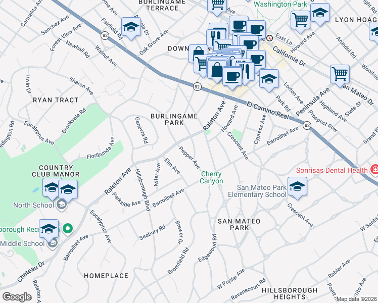 map of restaurants, bars, coffee shops, grocery stores, and more near 152 Pepper Avenue in Burlingame