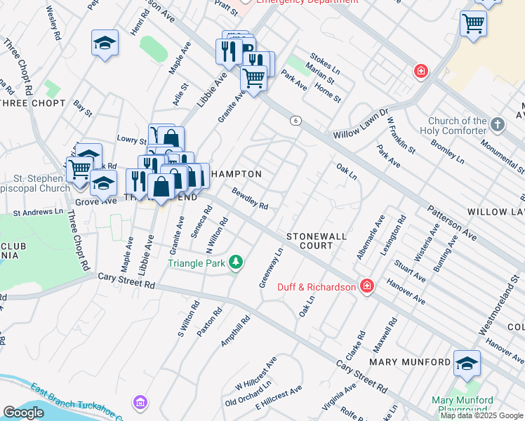 map of restaurants, bars, coffee shops, grocery stores, and more near 5305 Bewdley Road in Richmond