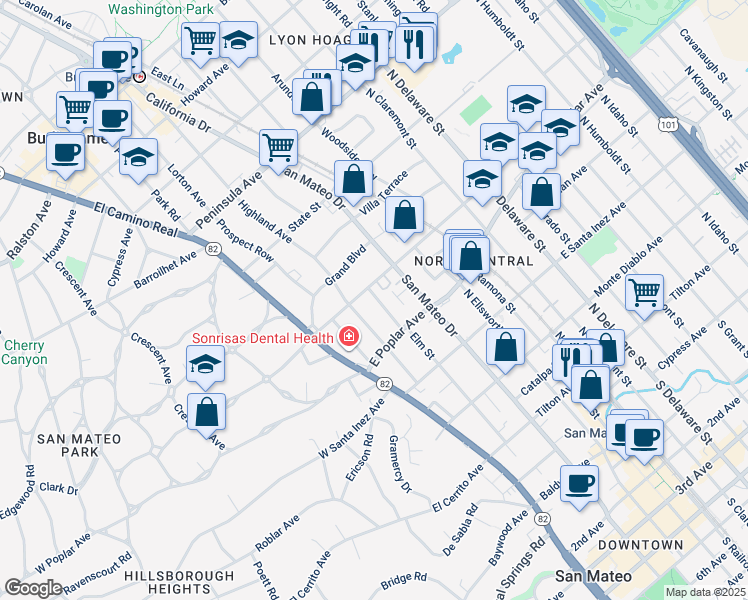 map of restaurants, bars, coffee shops, grocery stores, and more near 437 Turner Terrace in San Mateo