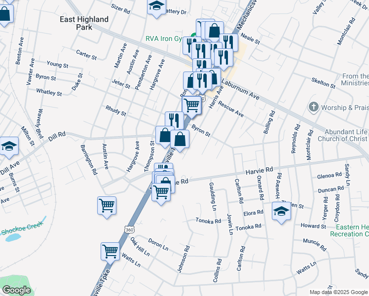 map of restaurants, bars, coffee shops, grocery stores, and more near 3500 Harris Avenue in Richmond