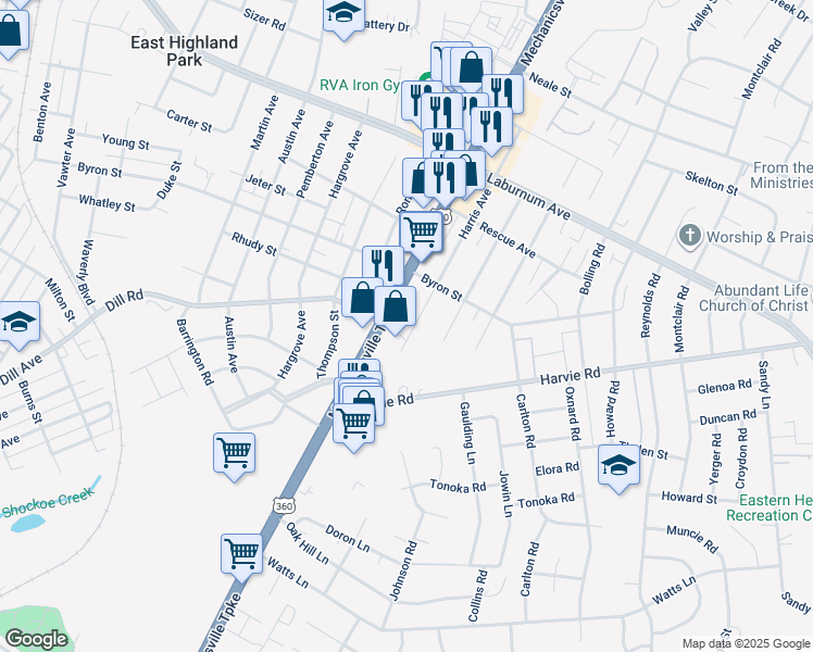 map of restaurants, bars, coffee shops, grocery stores, and more near 3500 Harris Avenue in Richmond