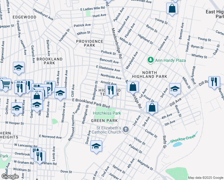map of restaurants, bars, coffee shops, grocery stores, and more near 3122 Letcher Avenue in Richmond