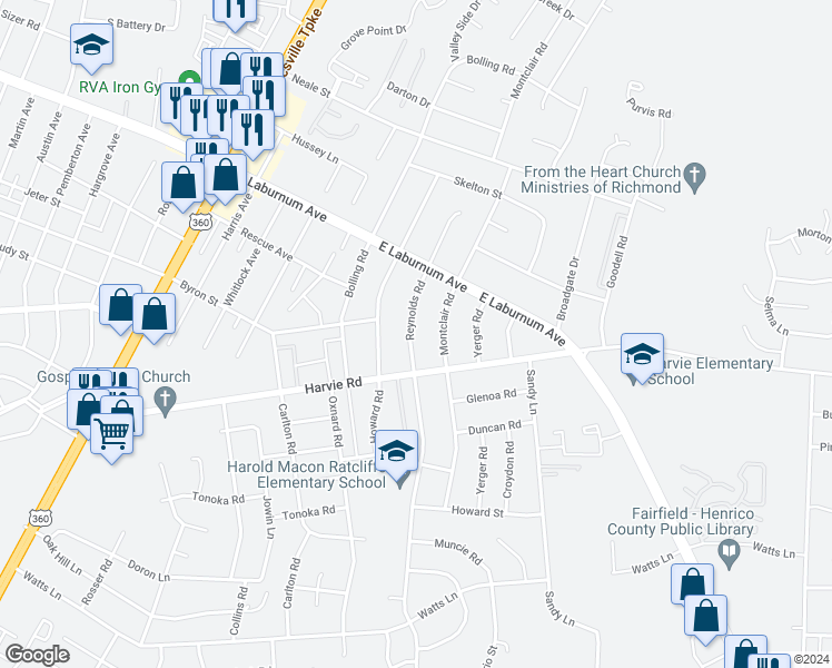 map of restaurants, bars, coffee shops, grocery stores, and more near 3611 Reynolds Road in Richmond